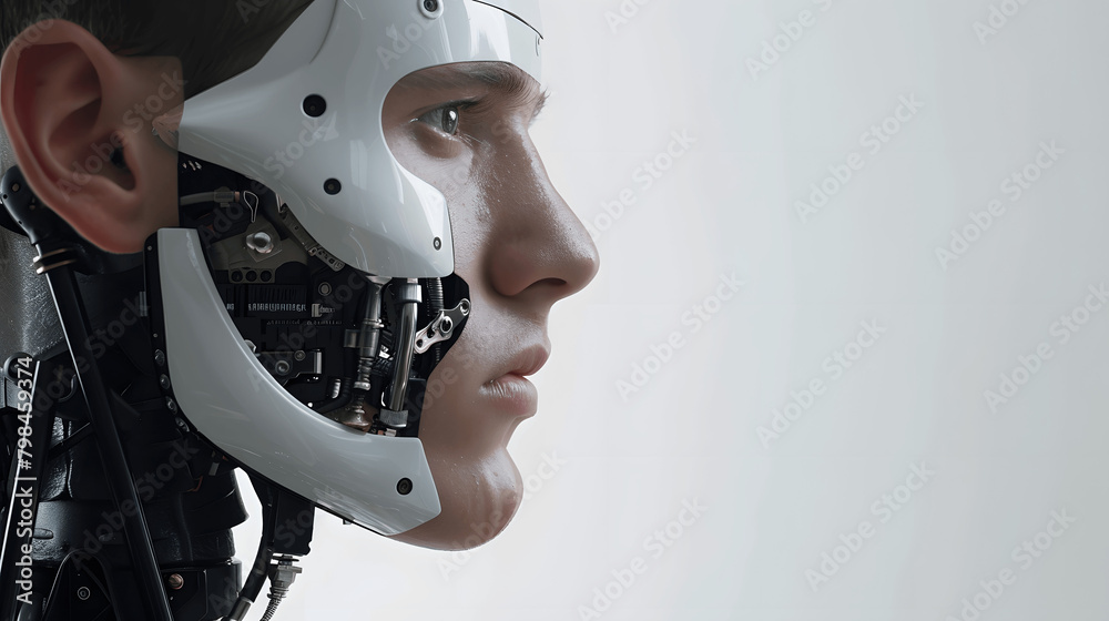 Man Half Robot Half Human with White Grey Background Man Half Robot Half Human with White Grey Background