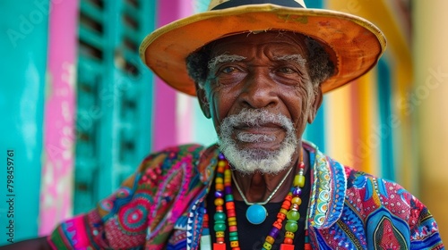 Portrait of a Brazilian street vendor in his colorful attire.