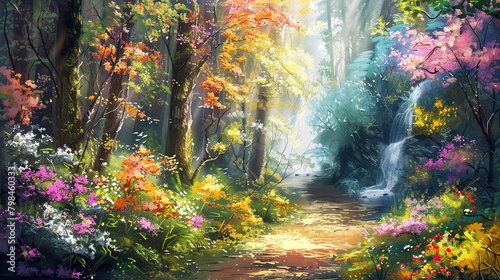 This is a painting of a colorful forest with a path leading through it. There is a waterfall on the right side of the path and many different kinds of flowers and plants on either side.   photo