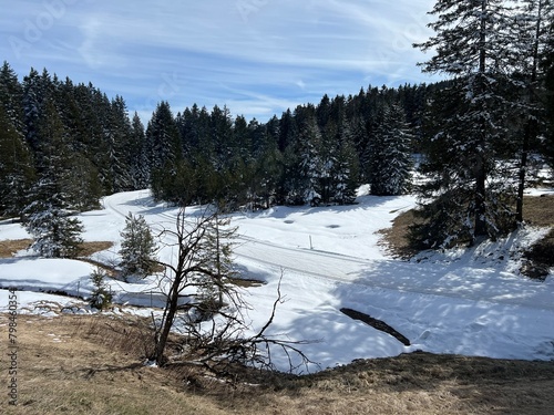 A winter sport cross-country ski trail around a frozen alpine Heidsee lake (Igl Lai lake) in the Swiss winter resorts of Valbella and Lenzerheide - Canton of Grisons, Switzerland (Schweiz) photo