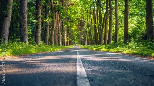 A long road is surrounded by tall trees with green leaves. There is a white line down the middle of the road, dividing it into two lanes. The road is made of asphalt and is bordered by a strip of gras