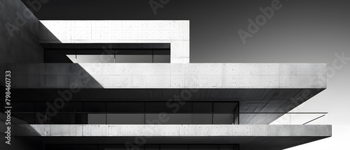A high-contrast black and white architectural study of a modern building s clean lines and geometric shapes  using dramatic shadows and negative space to create a bold  minimalist visual statement.