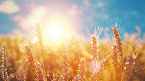 Golden wheat field with blue sky and sun background