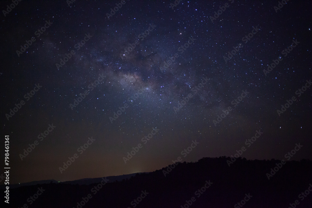 landscape silhouette tree on high moutain before sunrise with milky way galaxy