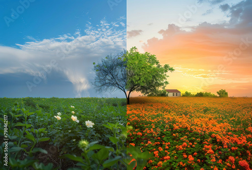 Contrasting weather split in dual flowers and green grass landscape photo