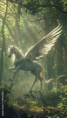 Capture the essence of ethereal unicorns wandering through a misty  enchanted forest in a photorealistic digital illustration Emphasize intricate details on their iridescent wings and mystical horns