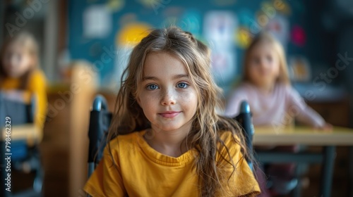 A little disabled girl in a yellow t-shirt is sitting in a wheelchair near school desk in classroom