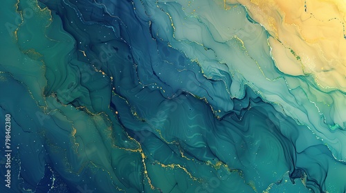 This is an abstract painting with blue, green, and yellow colors. The colors are blended together in a fluid pattern. There are also some gold flecks in the painting.