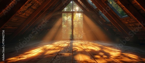 Warm sunlight shines brightly through a small window in a rustic wooden attic, creating a cozy and inviting atmosphere