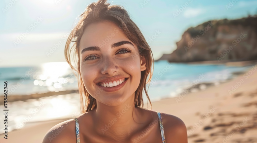 Beautiful happy smiling young woman on the ocean beach. AI Generated