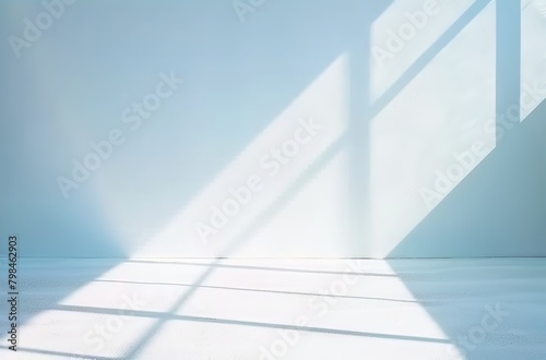 Minimalist geometric background in gray and light blue with subtle light and shadow effects from window for product presentations. Made with Generative AI Technology