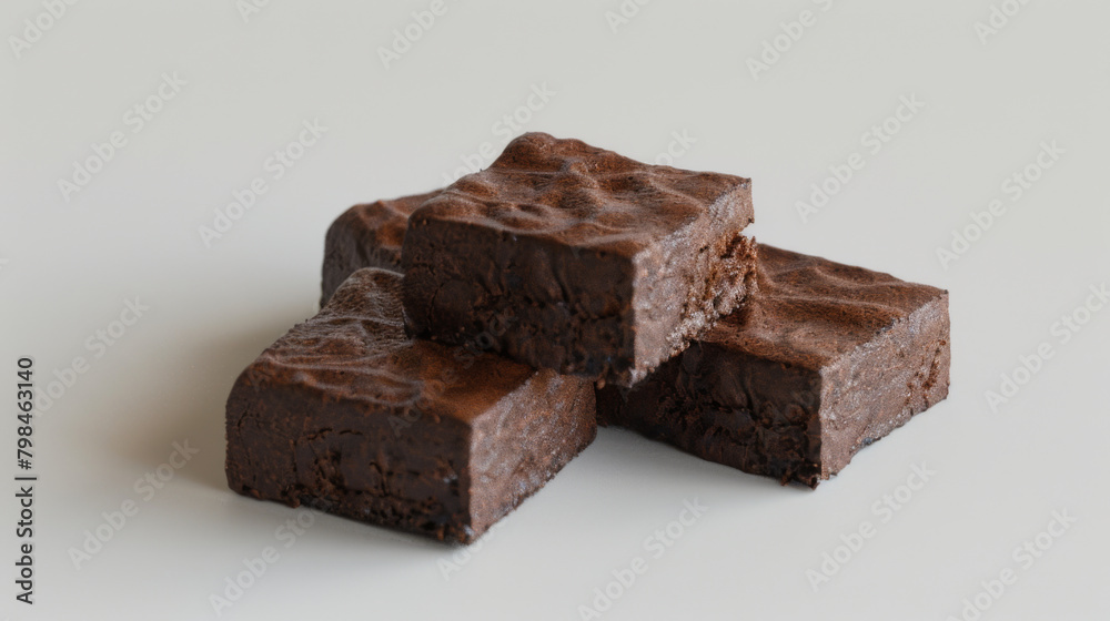 Three homemade chocolate brownies with a textured surface, displayed on a light background. Three homemade chocolate brownies with a textured surface, displayed on a light background.