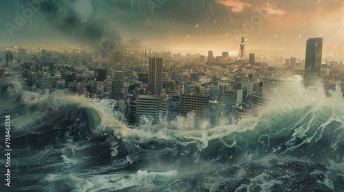 Dramatic Tsunami in Tokyo  Japan  Massive Waves Sweeping Through Cityscape