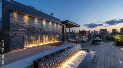 A rooftop terrace boasting a dazzling combination of a water wall and a fire feature perfect for entertaining guests. 2d flat cartoon.