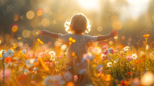 A joyful scene of a child running through a sunlit meadow, arms outstretched, with vibrant wildflowers in the foreground and a dreamy bokeh effect capturing the essence of carefree happiness.