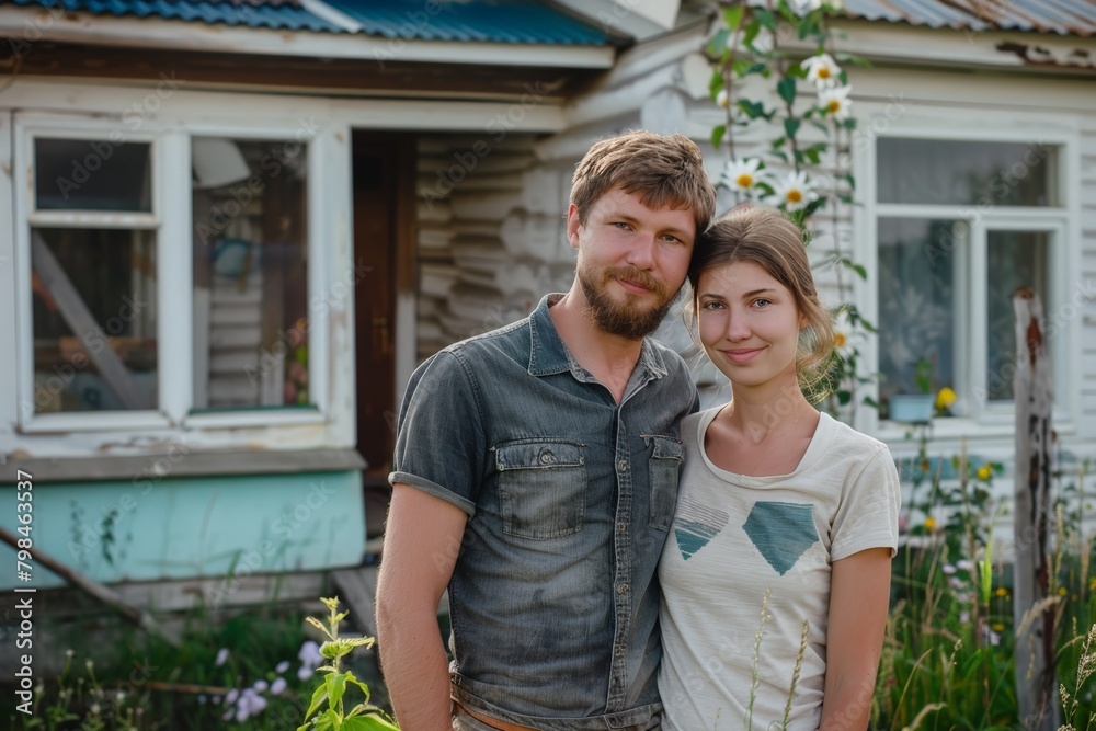 Loving Couple in Front of Home Garden. Generative AI.