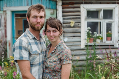 Young Couple Embracing Near Wooden House. Generative AI. © Tuyres