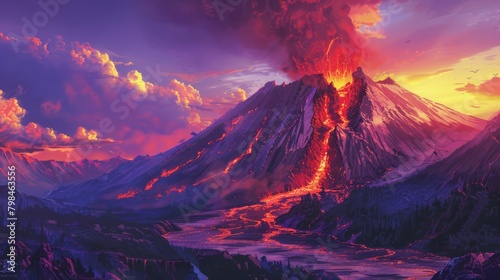 Dramatic volcanic eruption at Mount Fuji with bright red lava flowing down mountainside photo
