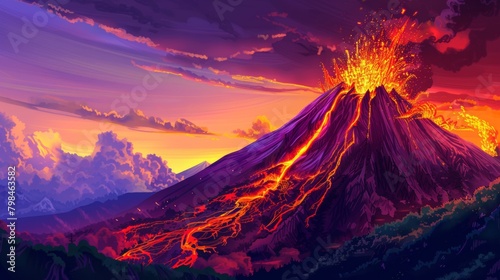Dramatic volcanic eruption at Mount Fuji with bright red lava flowing down mountainside photo