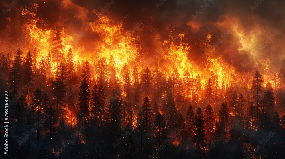 Dramatic Wildfire Raging Through Forest Near Residential Area - Intense and Evocative Scene Dramatic Wildfire Raging Through Forest Near Residential Area - Intense and Evocative Scene