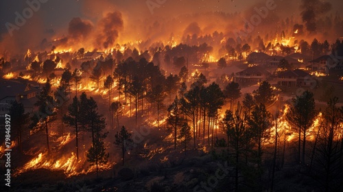 Dramatic Wildfire Raging Through Forest Near Residential Area - Intense and Evocative Scene