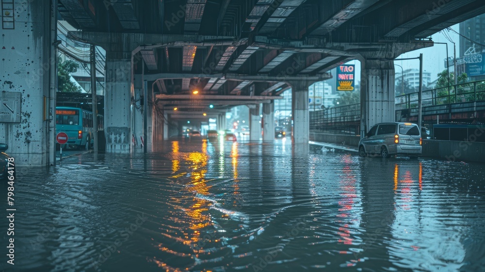 Dramatic Flood in Metropolitan Area: Underpass Submerged, Abandoned Vehicles, Public Transportation Halted Dramatic Flood in Metropolitan Area: Underpass Submerged, Abandoned Vehicles, Public Transportation Halted