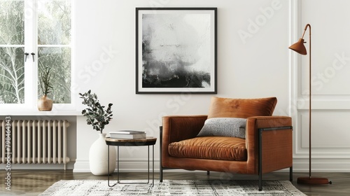 Interior view of the living room of a modern minimalist Scandinavian house, with comfortable brown sofa chairs, poster frame decorations on the white wall and minimalist interior plants.