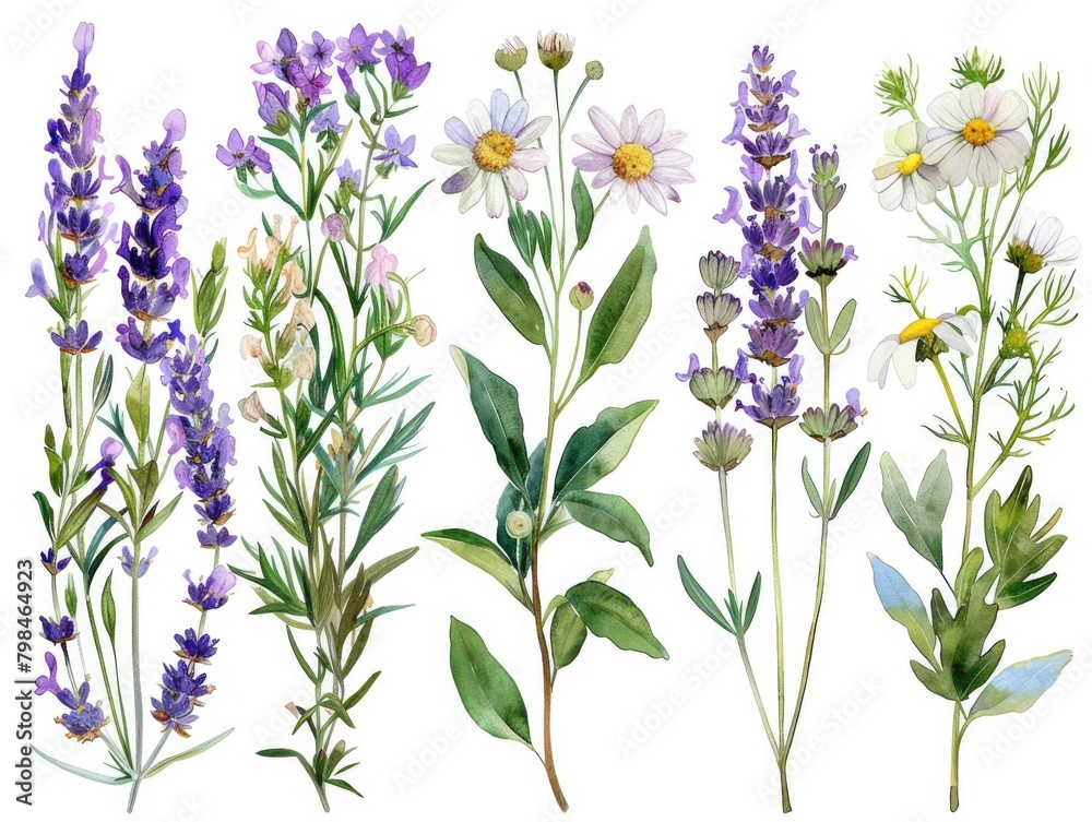 Fototapeta premium Purple flowers and grass, with a white background