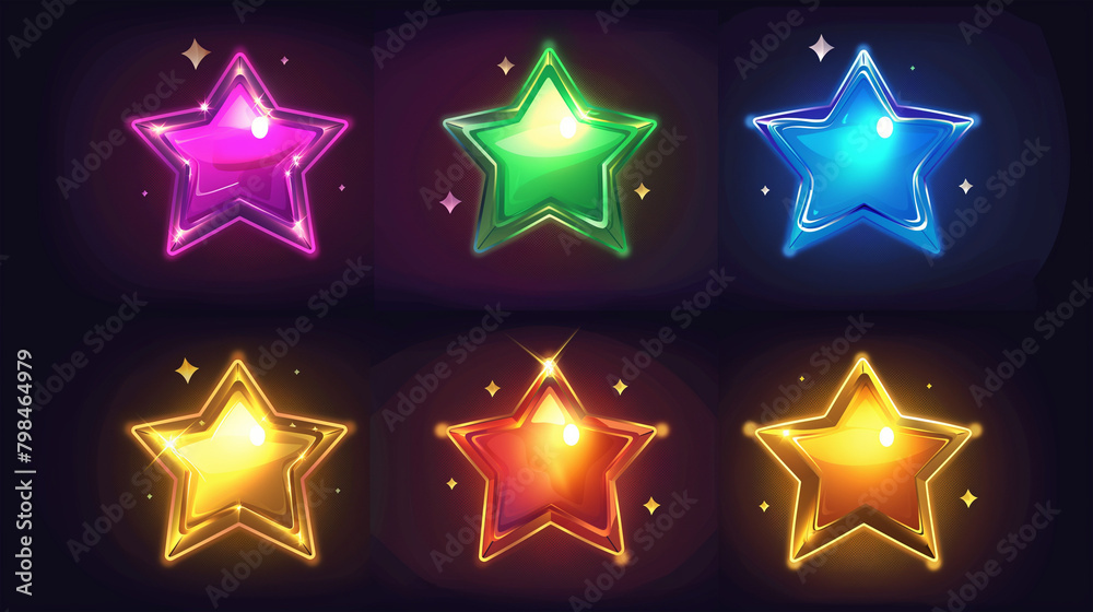 Set of colorful star isolation on dark background, game icons set, Illustration Set of colorful star isolation on dark background, game icons set, Illustration