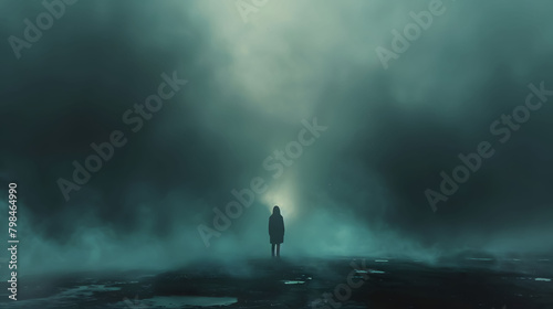 A melancholic silhouette of a solitary figure standing amid a vast, misty landscape, evoking a sense of loneliness and contemplation through the use of moody, desaturated tones and atmospheric lightin photo