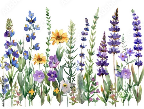 Purple flowers and grass, with a white background