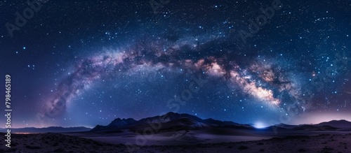 Dark blue evening sky filled with twinkling stars and a faint milky way spanning across, creating a mesmerizing backdrop