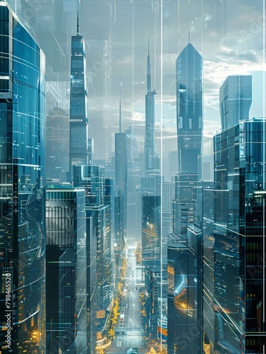 A futuristic cityscape with a skyline of skyscrapers, representing the intersection of technology and finance,Navigate the global financial future, banner hyper realistic  © Johannes