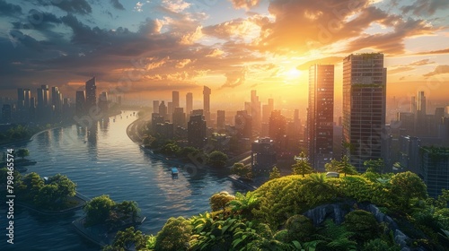 Futuristic Solar-Powered City with Sci-Fi Skyline and Utopian Energy Concept photo