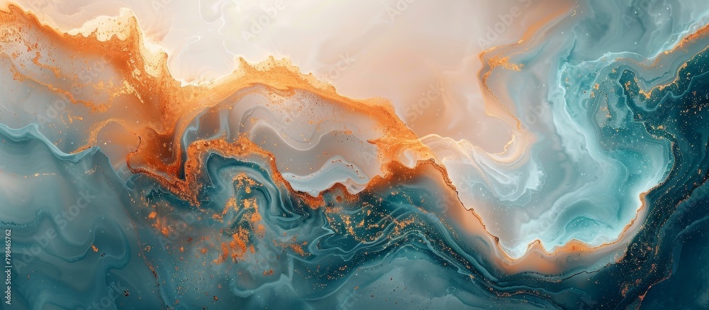Vibrant artwork featuring a detailed close-up of a painting depicting flowing blue and orange fluids on a canvas