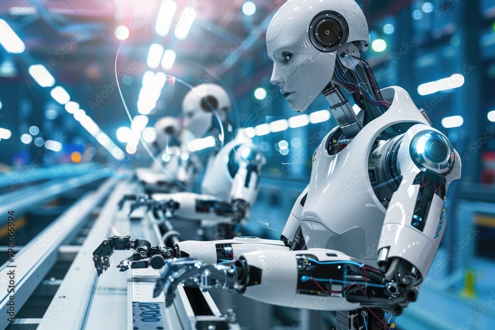 Fototapeta premium Robots working at manufacturing production factory. Futuristic androids. AI Generated 