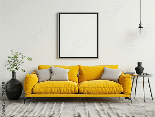 Cozy modern living room yellow sofa with blank white frame ready for art wall