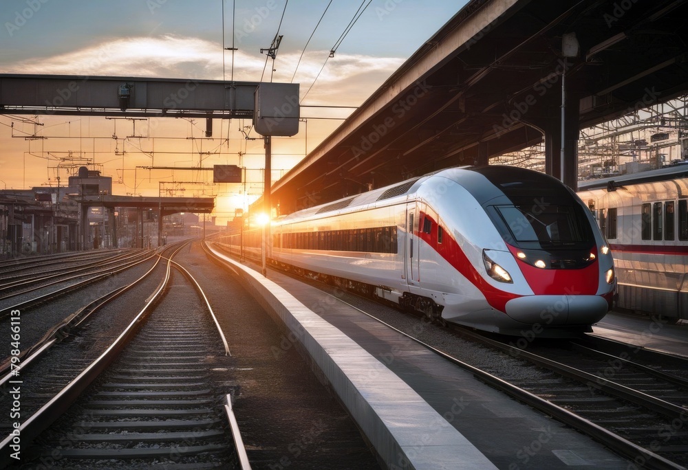 Naklejka premium 'speed high motion sunset train station railway modern europe intercity blur platform effect passenger industrial landscape railroad rail'