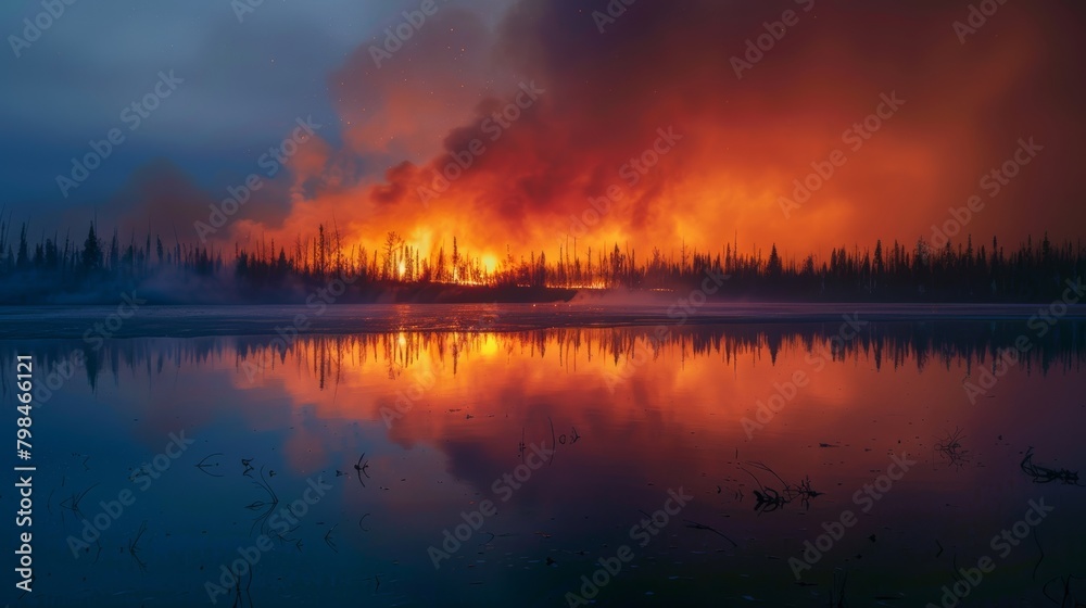 Stark and haunting mirror image of large wildfire reflected in still waters of nearby lake Stark and haunting mirror image of large wildfire reflected in still waters of nearby lake