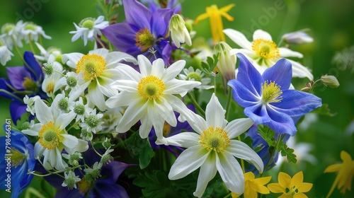 A beautiful arrangement featuring daisies and columbines in a charming bouquet