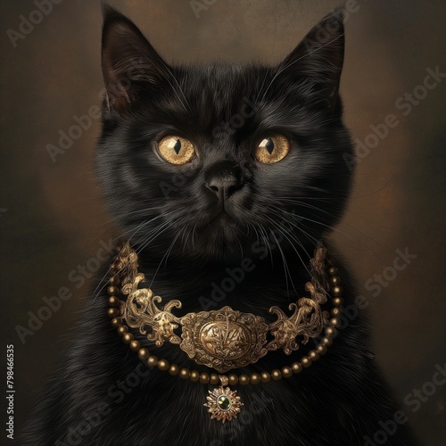 Majestuoso gato negro con collar dorado que emana elegancia.