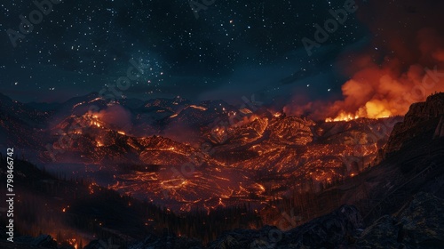 Nighttime wildfire in mountainous area with flames illuminating rugged terrain - dramatic and intense scene.