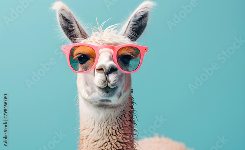 Creative animal concept, llama wearing sunglasses, isolated on solid pastel background. Perfect for commercial or editorial advertisement with a surreal and quirky vibe.