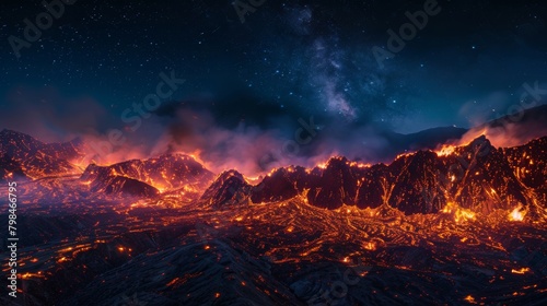Nighttime wildfire in mountainous area with flames illuminating rugged terrain - dramatic and intense scene. photo