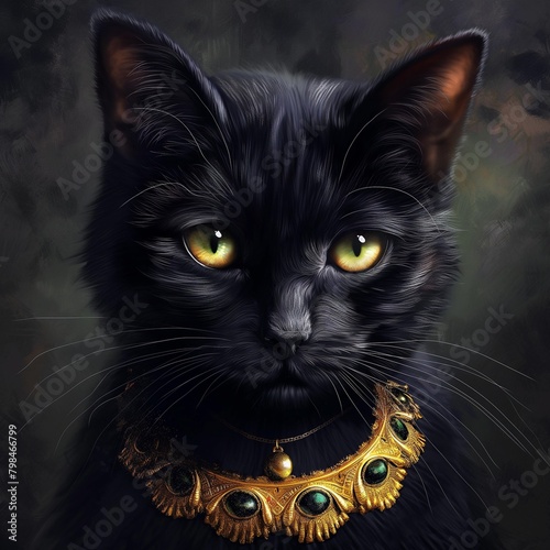 Gato negro con collar dorado brillante.