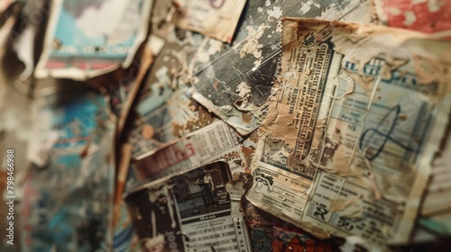 A blurred backdrop of worn concert tickets and faded gig posters evoking a sense of wistfulness for bygone days on the Melodious Memory Lane. . photo