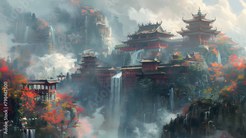 Detailed Chinese style fantasy art depicting mythical dragons and heroic warriors in a vibrant and elegant traditional setting. © ELmidoi-AI