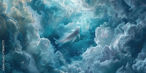 White fish swim in clouds, surrealism, beautiful photo