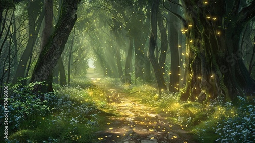 An illustration of a trail of breadcrumbs leading through a mystical forest