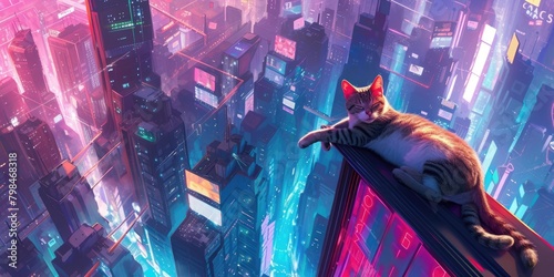 Gigantic cat sprawls atop futuristic skyscraper amidst neon-lit city. Digital illustration exudes boldness, vibrancy, surrealism, whimsical feline dominance. photo